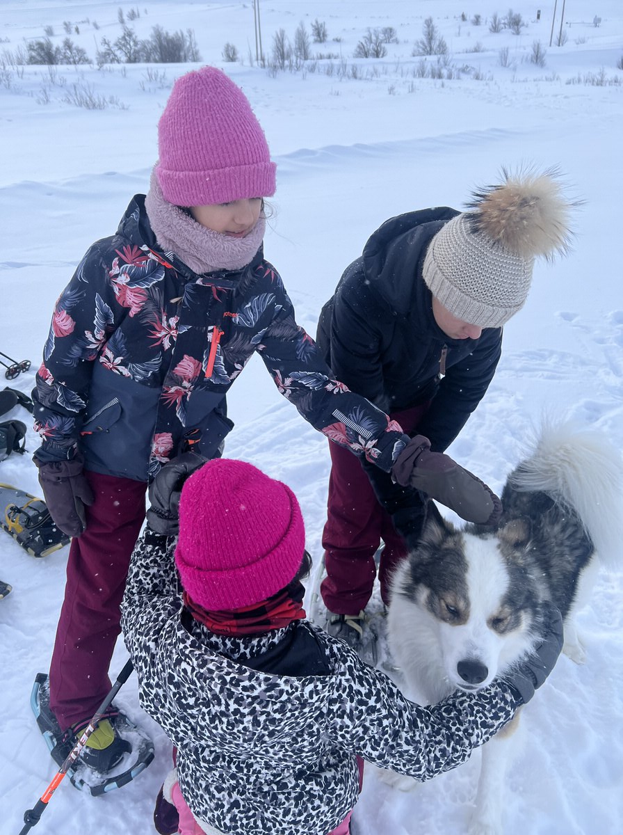 Norwegen mit Kindern im Winter: Vor dem Start musste noch ein ausgebüchster Hund gekuschelt werden. Dann gings schon los...